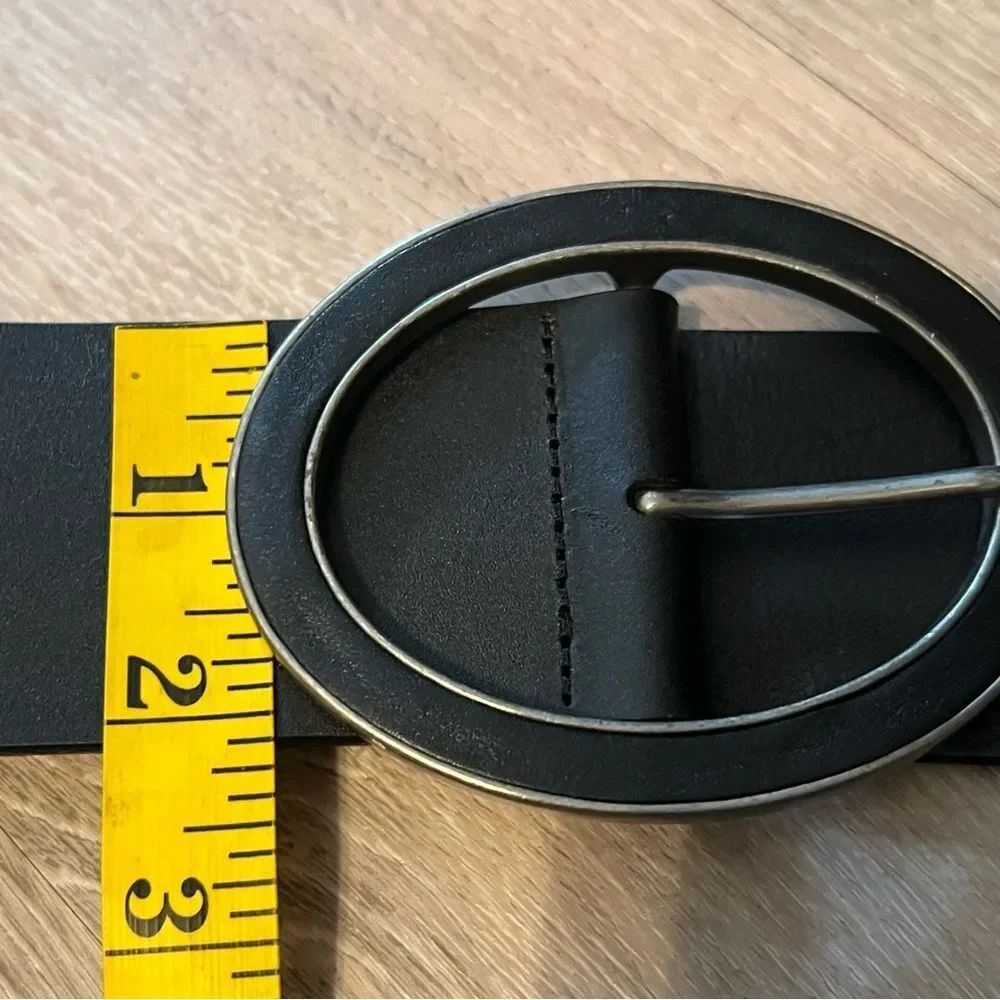 NEW Sisley Black Leather Wide Oversized Oval Buckle Silver Belt S